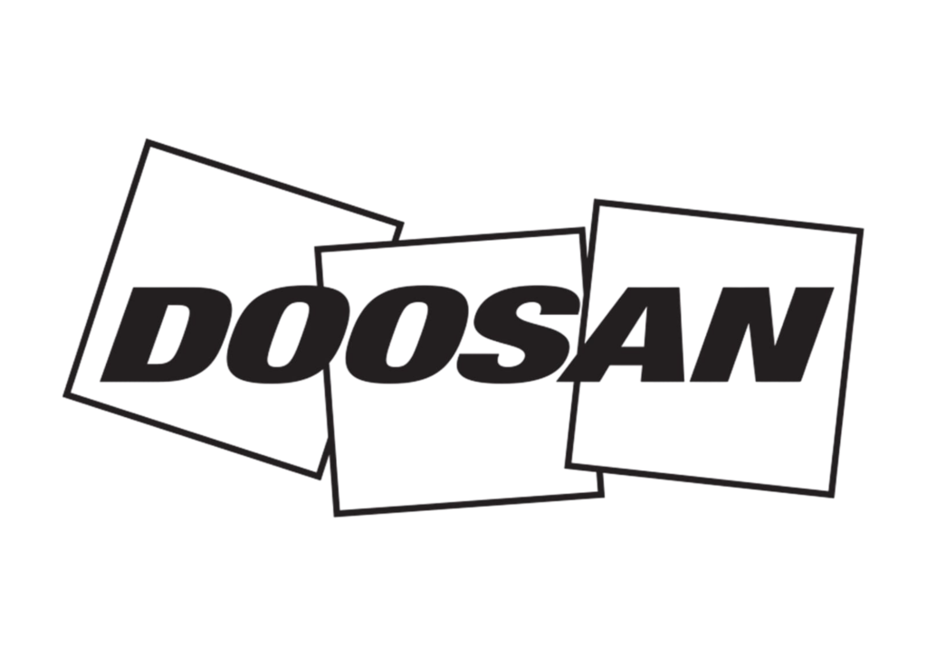 Logo resmi Doosan, mitra merek alat berat konstruksi yang didistribusikan oleh Solusi Lancar Utama.