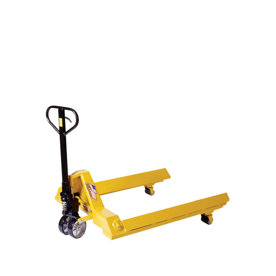 Unit pallet truck yang ergonomis untuk pemindahan palet barang di lorong fasilitas logistik.